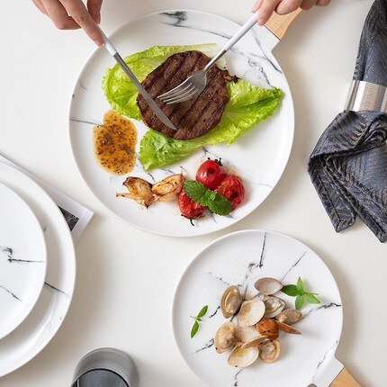 Ceramic Circular Tray w/ Wooden Handles