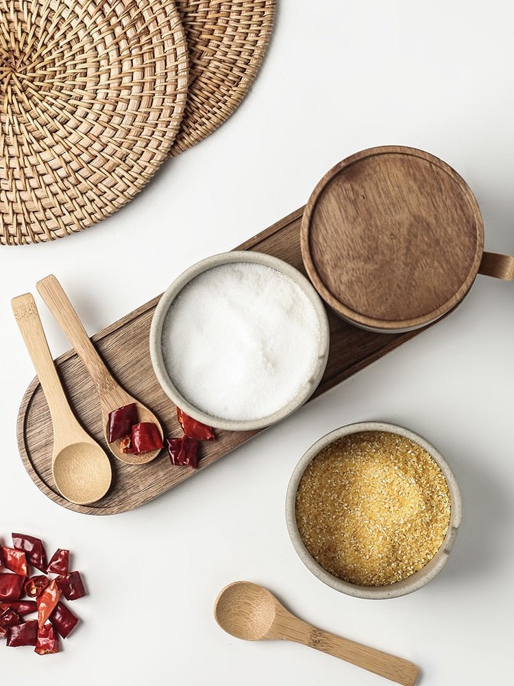 Ceramic Seasoning Jars w/ Wooden Lid and Spoon