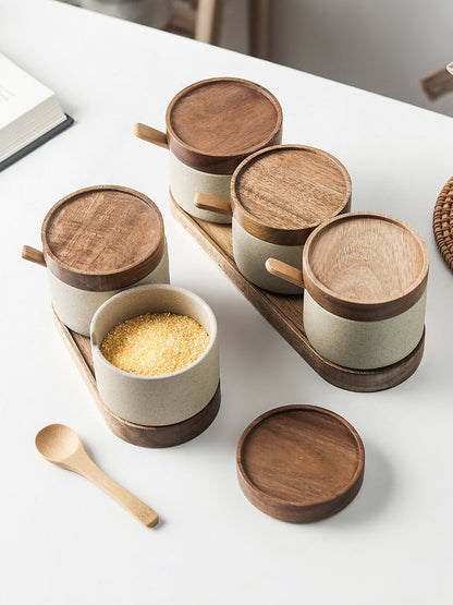 Ceramic Seasoning Jars w/ Wooden Lid and Spoon