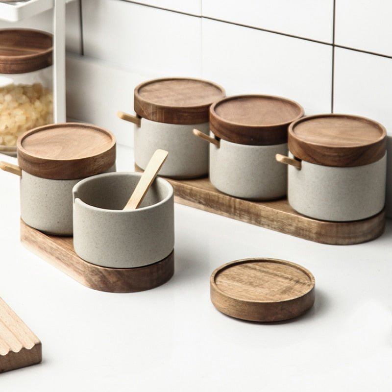 Ceramic Seasoning Jars w/ Wooden Lid and Spoon